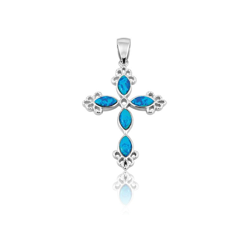 Sterling Silver Blue Inlay Opal Fancy Cross Pendant