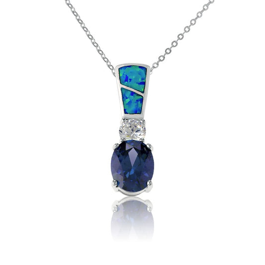 Sterling Silver, Blue Inlay Opal w/Small Circle and Large Oval Tanzanite Pendant