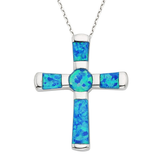 Sterling Silver Blue Inlay Opal Cross Pendant