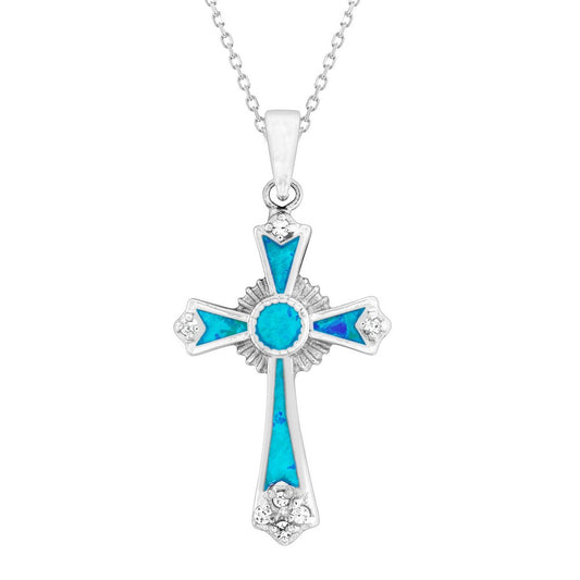 Sterling Silver, CZ and Blue Inlay Opal Cross Pendant