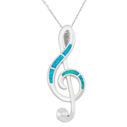 Sterling Silver Large Blue Inlay Opal Treble Clef Pendant