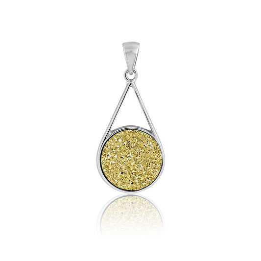Sterling Silver Open Teardrop w/Round Gold Druzy Pendant