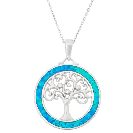 Sterling Silver Blue Inlay Opal Open Tree of Life Pendant