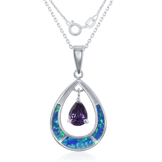 Sterling Silver Blue Inlay Opal Open Oval w/Purple Teardrop CZ Pendant