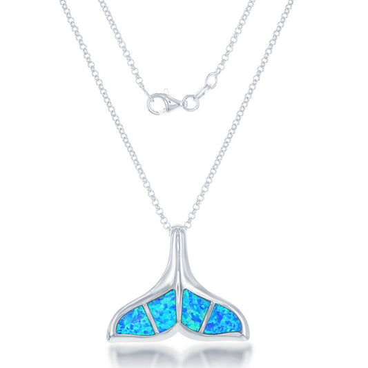 Sterling Silver Large Blue Inlay Opal Whale Tail Pendant