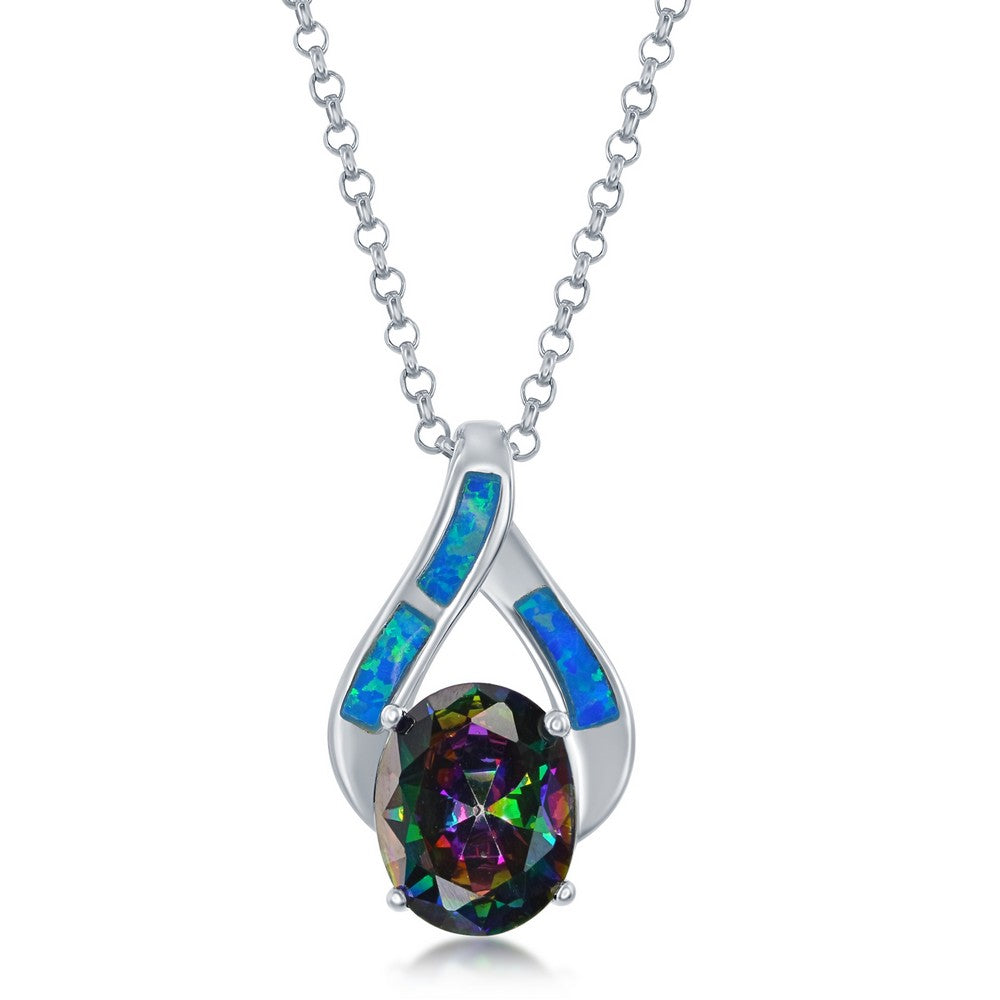 Sterling Silver Blue Inlay Opal w/ Large Rainbow Oval CZ Pendant