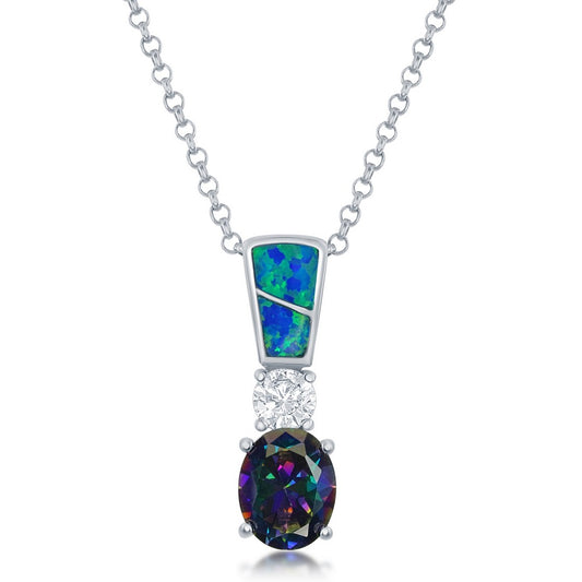 Sterling Silver Blue Inlay Opal w/ Small Circle and Large Oval Rainbow CZ Pendant
