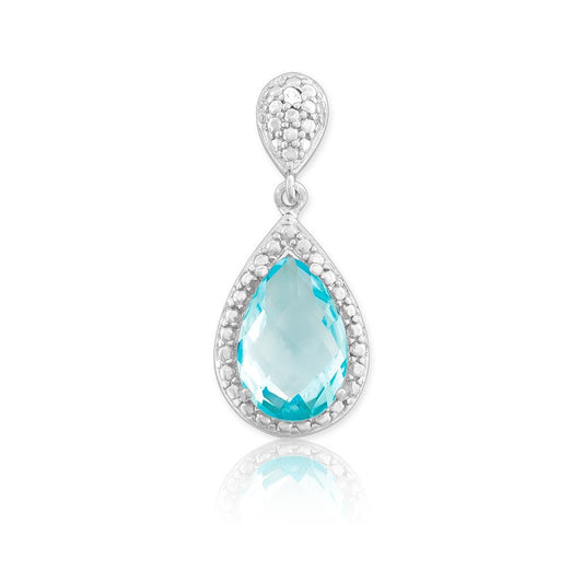 Sterling Silver Diamond and Gem Tearshaped Pendant- Blue Topaz