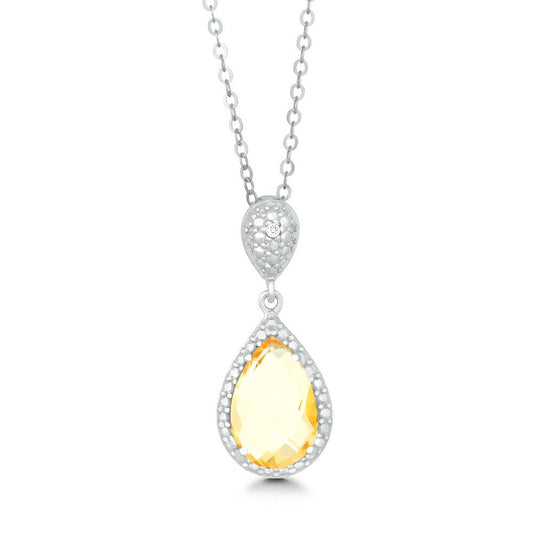 Sterling Silver Diamond and Gem Tearshaped Earring - Citrine