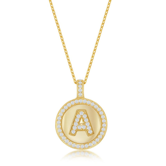 Sterling Silver Micro Pave Circle "A" Pendant W/ Chain - Gold Plated