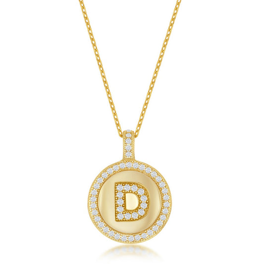 Sterling Silver Micro Pave Circle "D" Pendant W/ Chain - Gold Plated