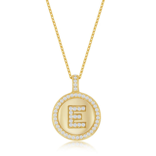 Sterling Silver Micro Pave Circle "E" Pendant W/ Chain - Gold Plated