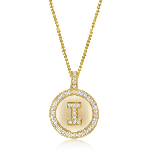 Sterling Silver Micro Pave Circle "I" Pendant W/ Chain - Gold Plated