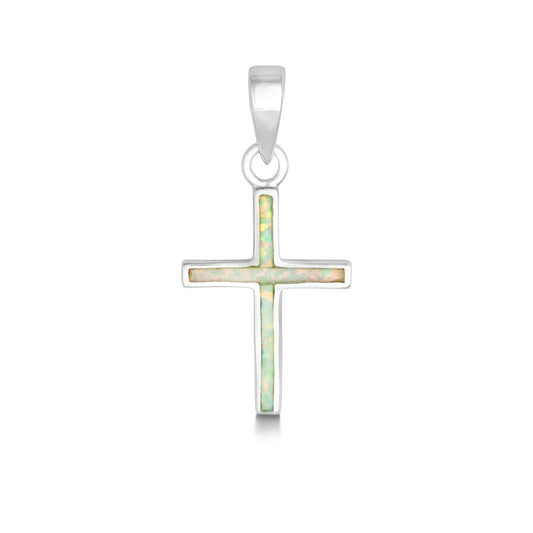 Sterling Silver White Inlay Opal Thin Cross Pendant