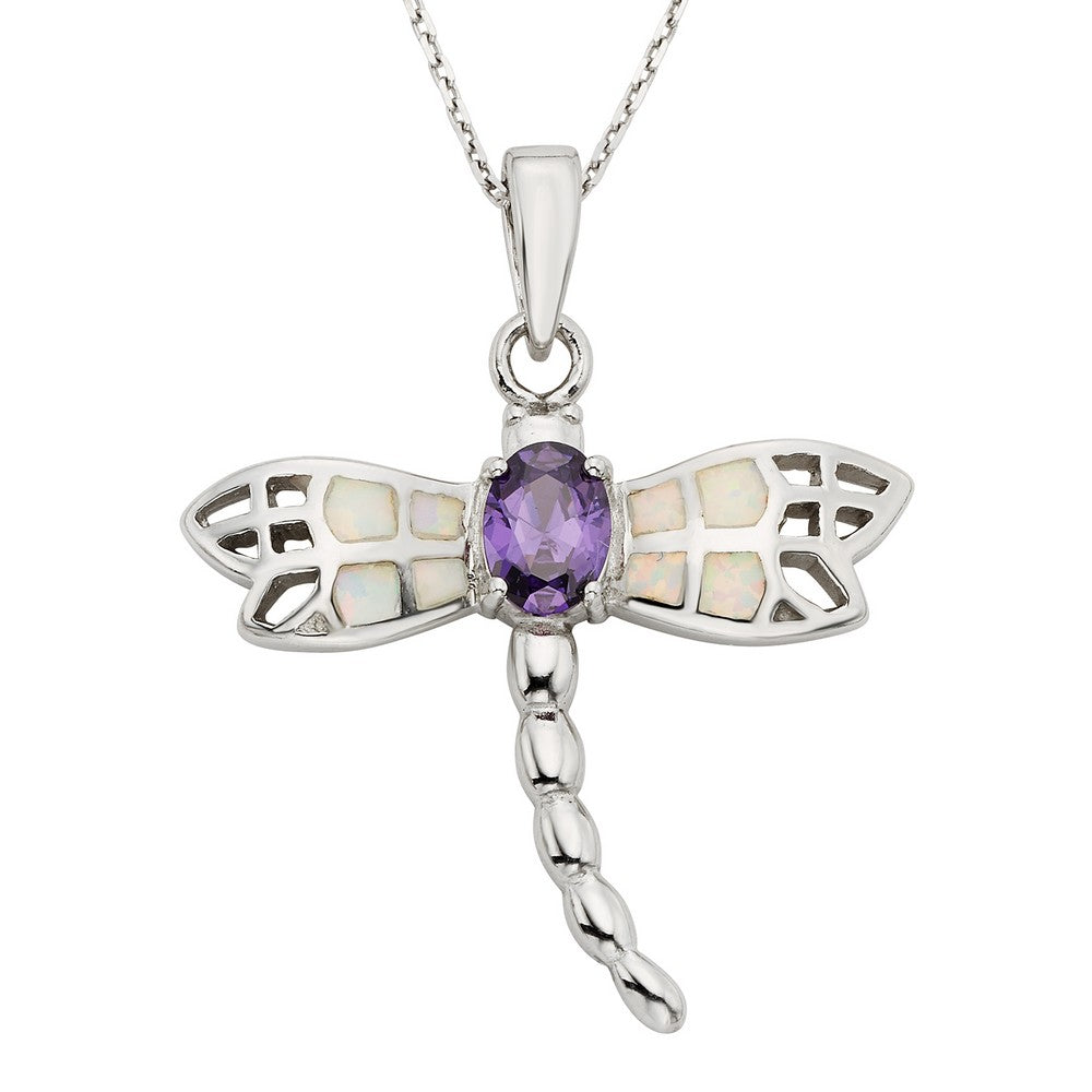 Sterling Silver White Inlay Opal Dragonfly w/ Center Oval Amethyst CZ Pendant