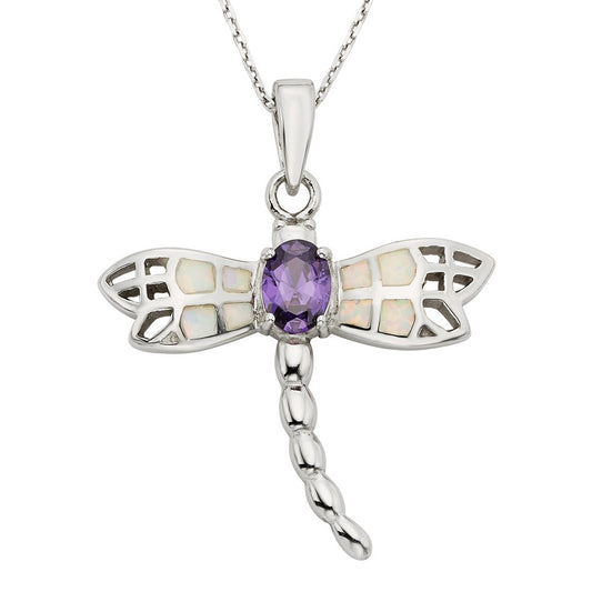 Sterling Silver White Inlay Opal Dragonfly w/ Center Oval Amethyst CZ Pendant