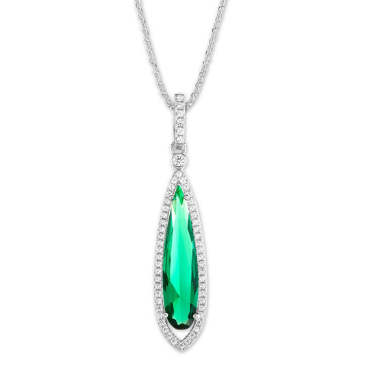Sterling Silver Long Teardrop Dark Green CZ with Clear CZ Border Pendant