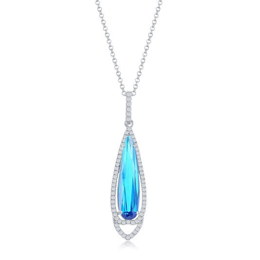 Sterling Silver Long Teardrop Bright Blue CZ with Clear CZ Border Pendant