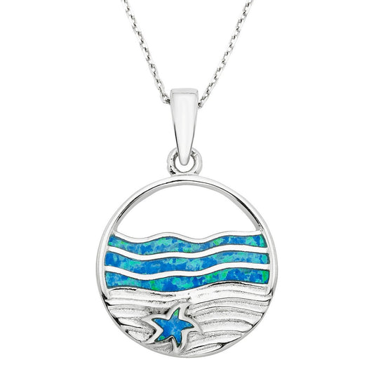 Sterling Silver Blue Inlay Opal Ocean with Starfish Pendant
