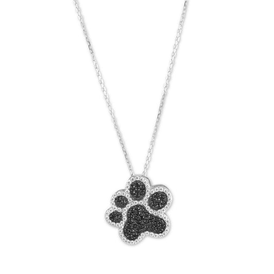 Sterling Silver Black and White CZ Paw Print Pendant