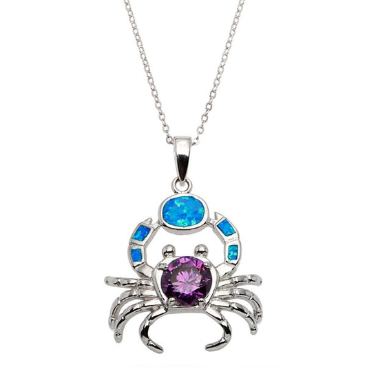 Sterling Silver Blue Inlay Opal with Purple CZ Crab Pendant