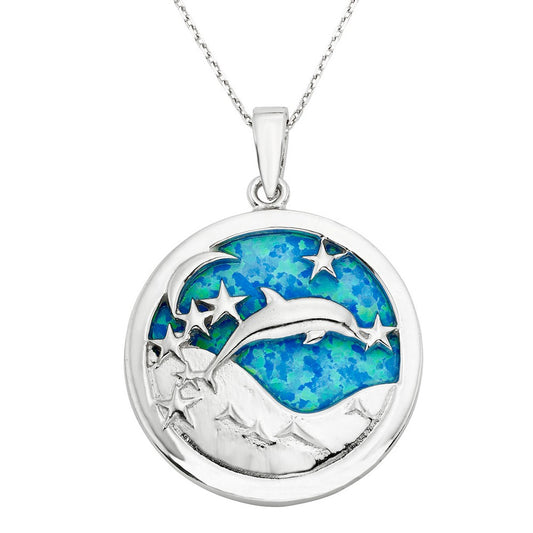 Sterling Silver Blue Inlay Opal Sky with Leaping Dolphin, Ocean, Stars, and Moon Pendant