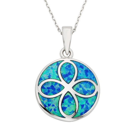 Sterling Silver Round Inlay Opal with Flower Design Pendant