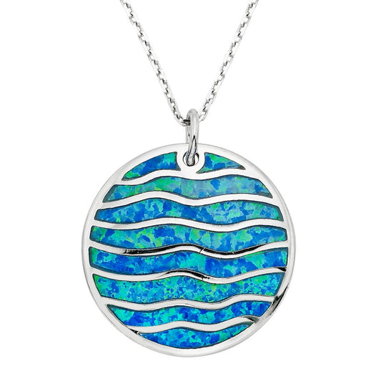 SSterling Silver Round Blue Inlay Opal Disc with Wavy Design Pendant