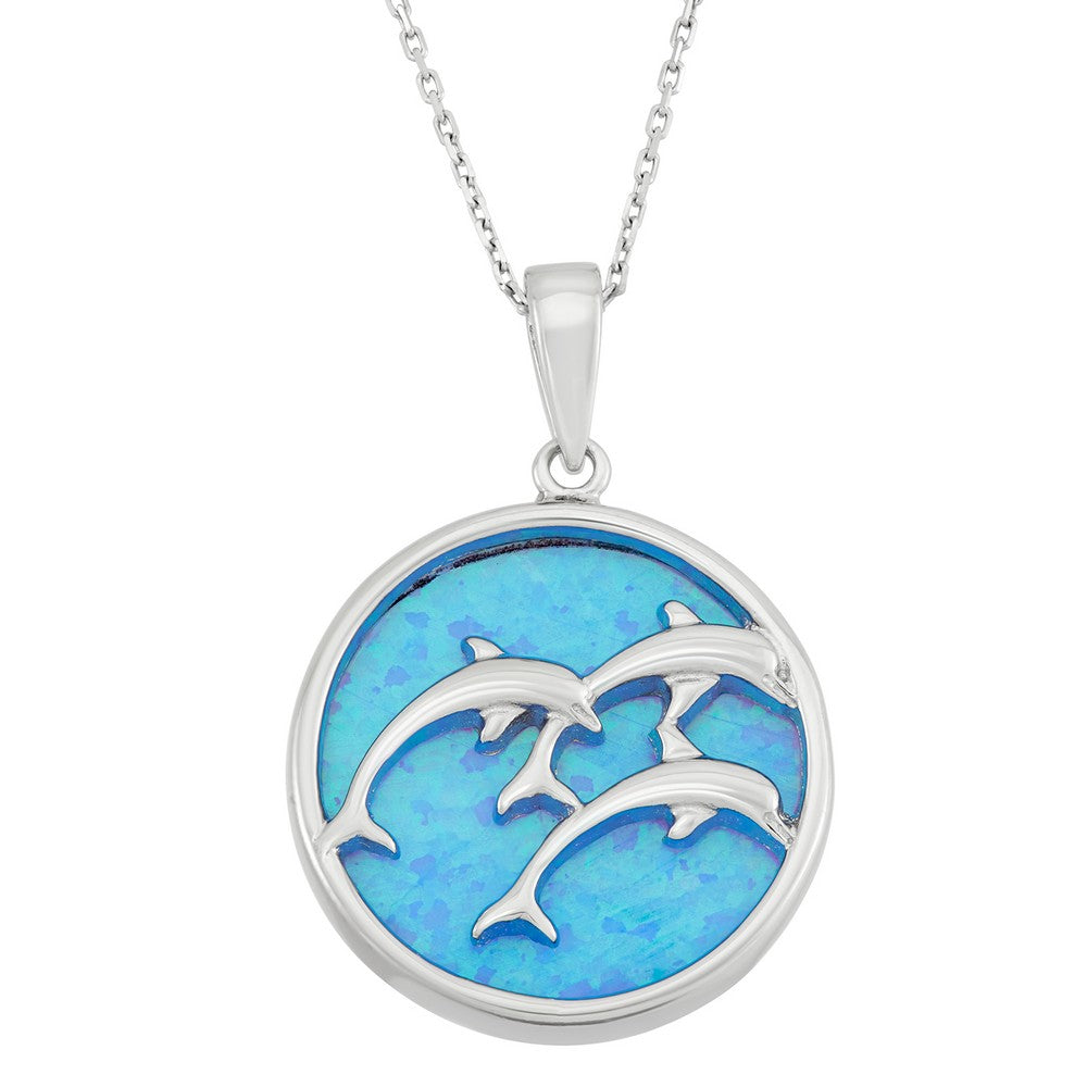 Sterling Silver Round Blue Inlay Opal Disc with Tree Leaping Dolphins Pendant