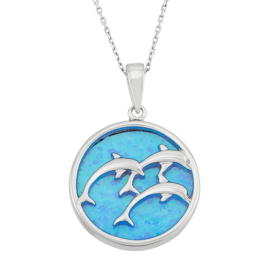 Sterling Silver Round Blue Inlay Opal Disc with Tree Leaping Dolphins Pendant