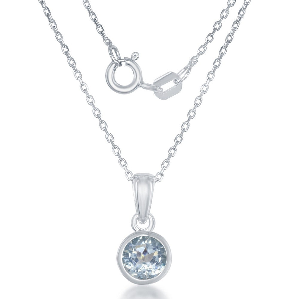 Sterling Silver, "December" Bezel Set Pendant w/Chain - Blue-Topaz