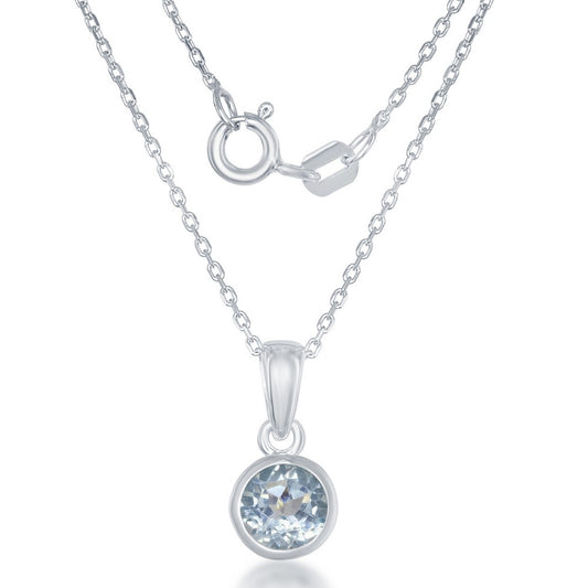 Sterling Silver, "December" Bezel Set Pendant w/Chain - Blue-Topaz