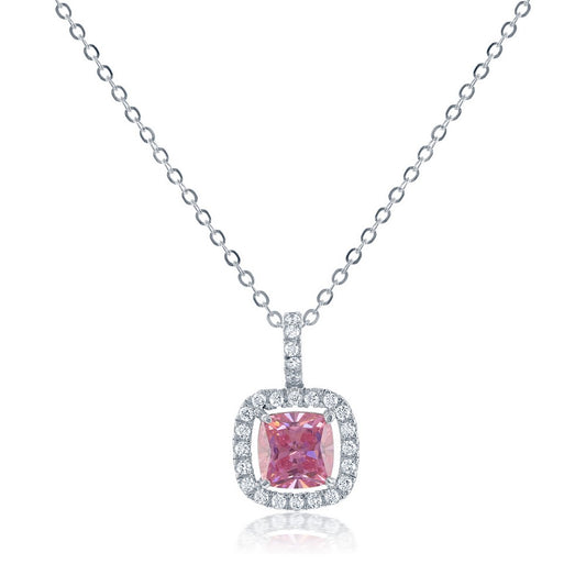 Sterling Silver White CZ Square Pendant - Pink