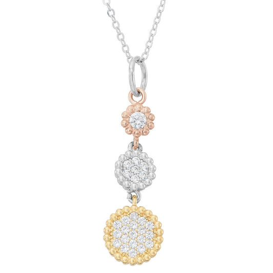 Sterling SilverTri Color Triple Round CZ with Beaded Border Pendant