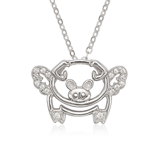Sterling Silver Open Flying Pig with Pave and CZ Pendant