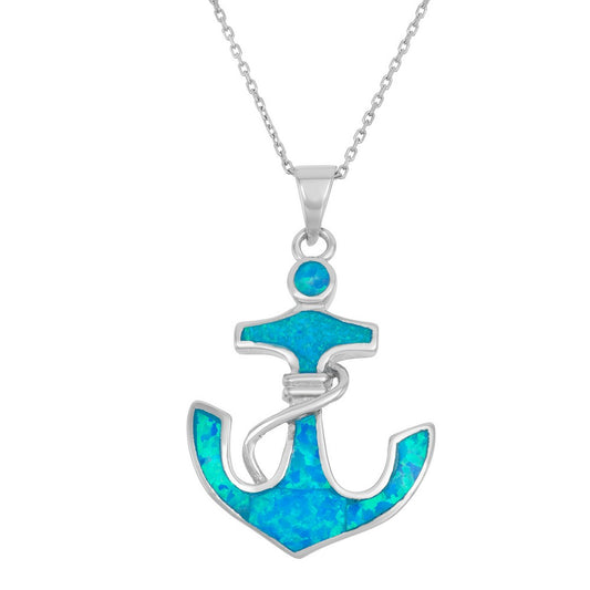 Sterling Silver Blue Inlay Opal Large Anchor Pendant