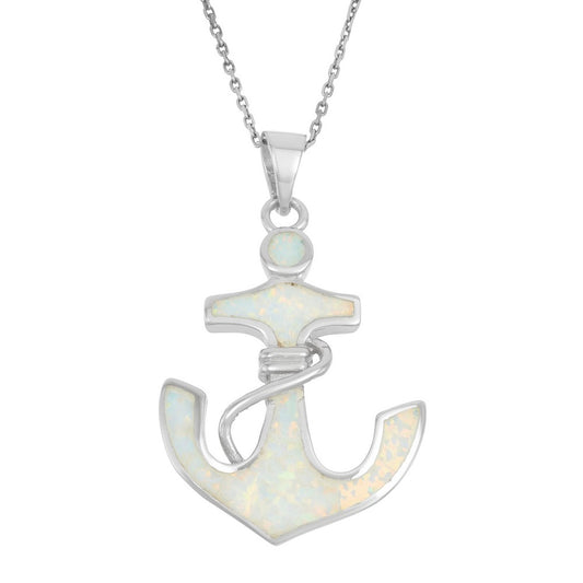 Sterling Silver White Inlay Opal Large Anchor Pendant