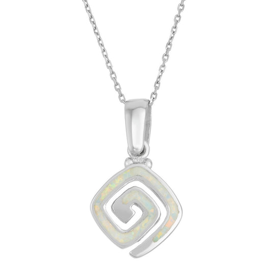 Sterling Silver Small White Inlay Opal Square Swirl Pendant