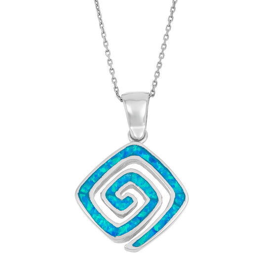 Sterling Silver Blue Inlay Opal Square Swirl Pendant