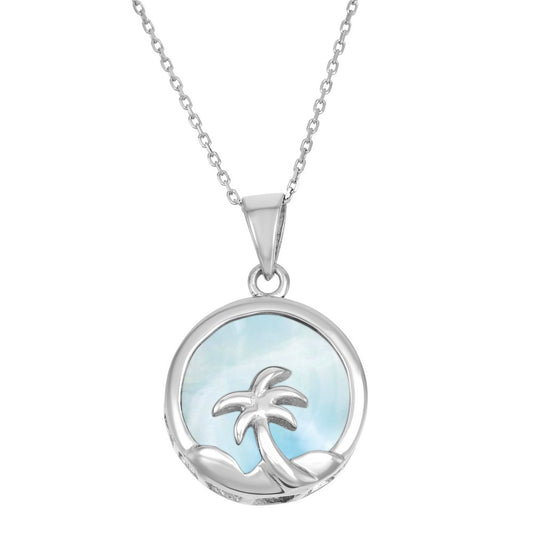 Sterling Silver Round Larimar with Palm Tree Pendant