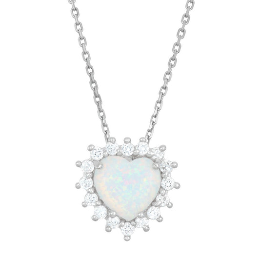 Sterling Silver White Inlay Opal Heart with CZ Border Pendant