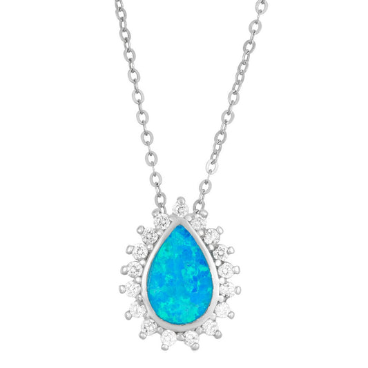 Sterling Silver Blue Inlay Opal Teardrop with CZ Border Pendant