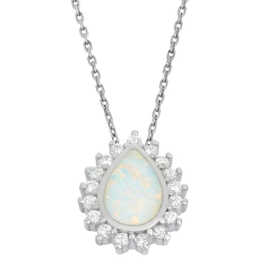 Sterling Silver White Inlay Opal Teardrop with CZ Border Pendant