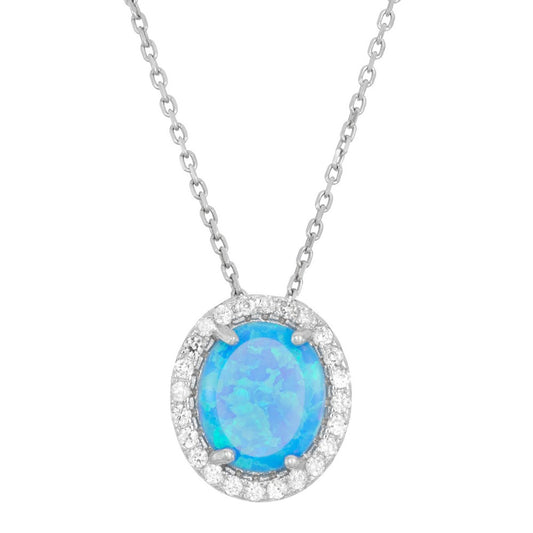 Sterling Silver Blue Inlay Opal Oval with CZ Border Pendant