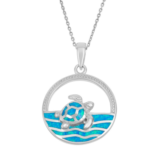 Sterling Silver Open Circle with Blue Inlay Opal Waves with Turtle Pendant