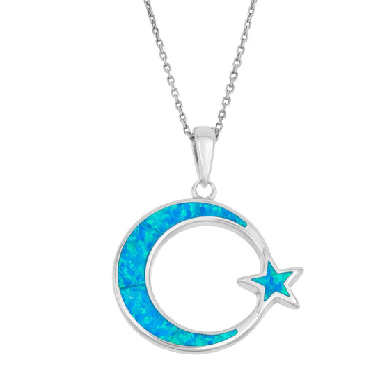 Sterling Silver Blue Inlay Opal Crescent with Star Pendant