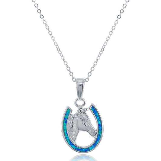 Sterling Silver Blue Inlay Opal Horseshoe with Center Horse Pendant