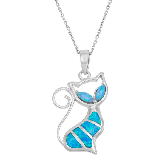 Sterling Silver Blue Inlay Opal Cat Pendant