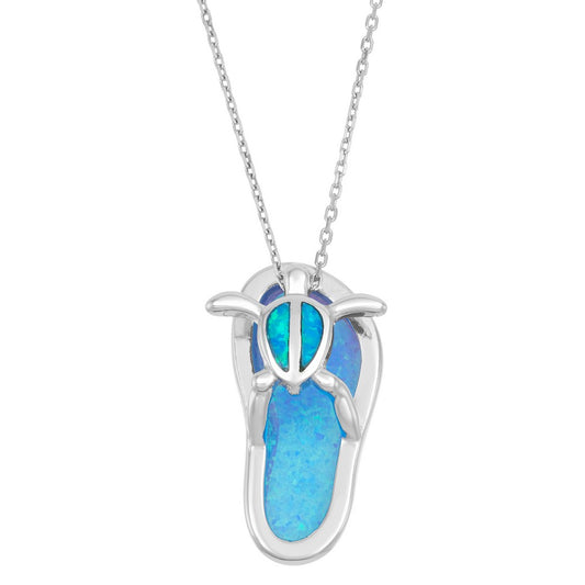 Sterling Silver Blue Inlay Opal Flip Flop with Turtle Pendant