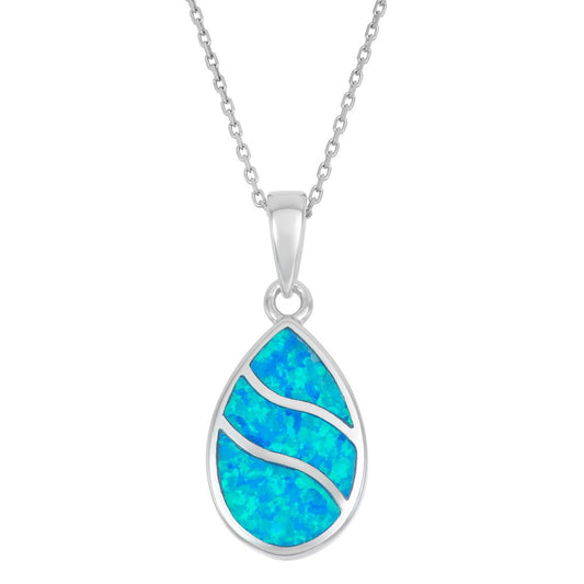 Sterling Silver Blue Inlay Opal Wavy Design Teardrop Pendant